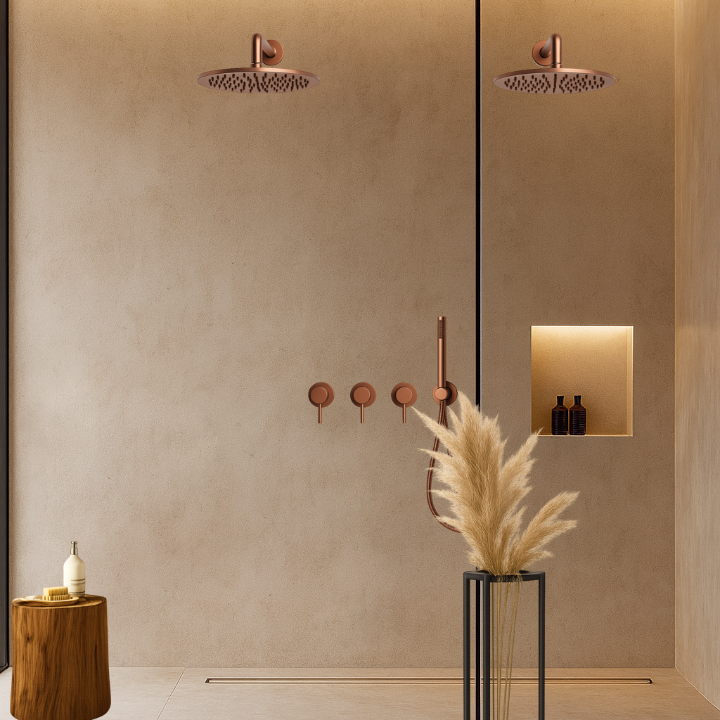 Double colonne de douche encastrée or rose brossé